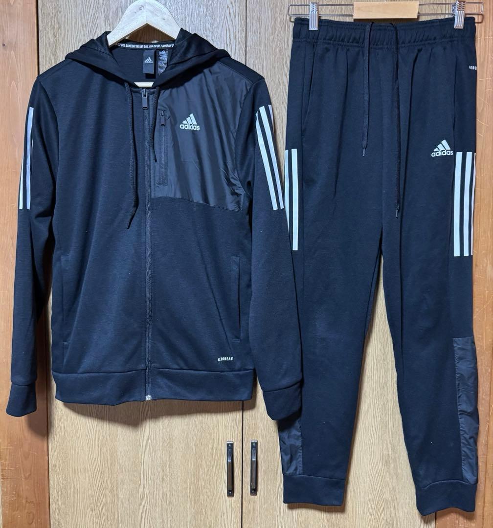 adidas ジャージ上下セット 黒 Mサイズ セットアップ フード パーカー